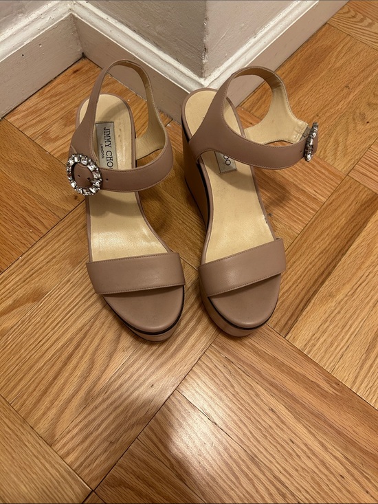 Jimmy Choo Shoes - Jimmy Choo Nude Taupe Leather Wedge Sandals with Crystal Buckles
